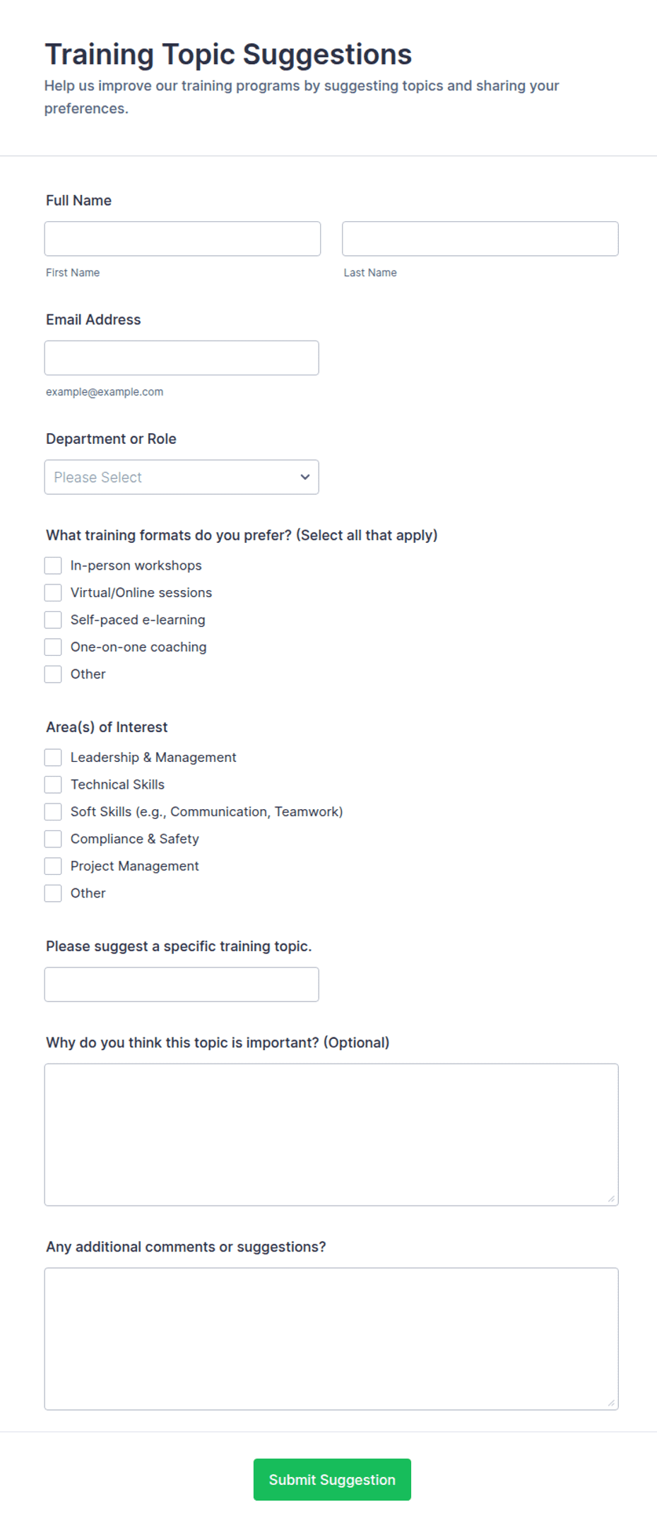 Training Topic Form Training Topic Suggestions Form Template | Jotform