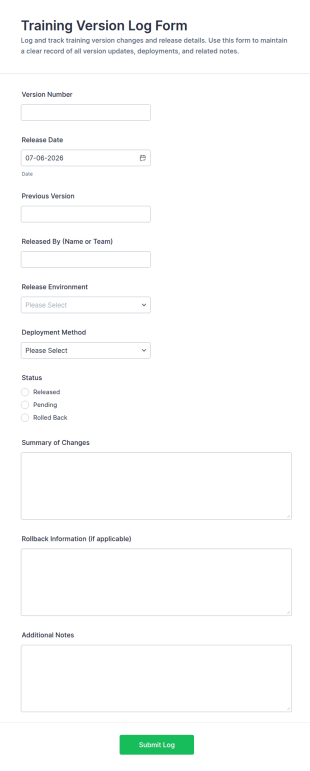 Training Version Log Form Template