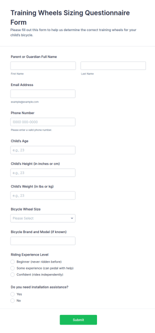 Training Wheels Sizing Questionnaire Form Template