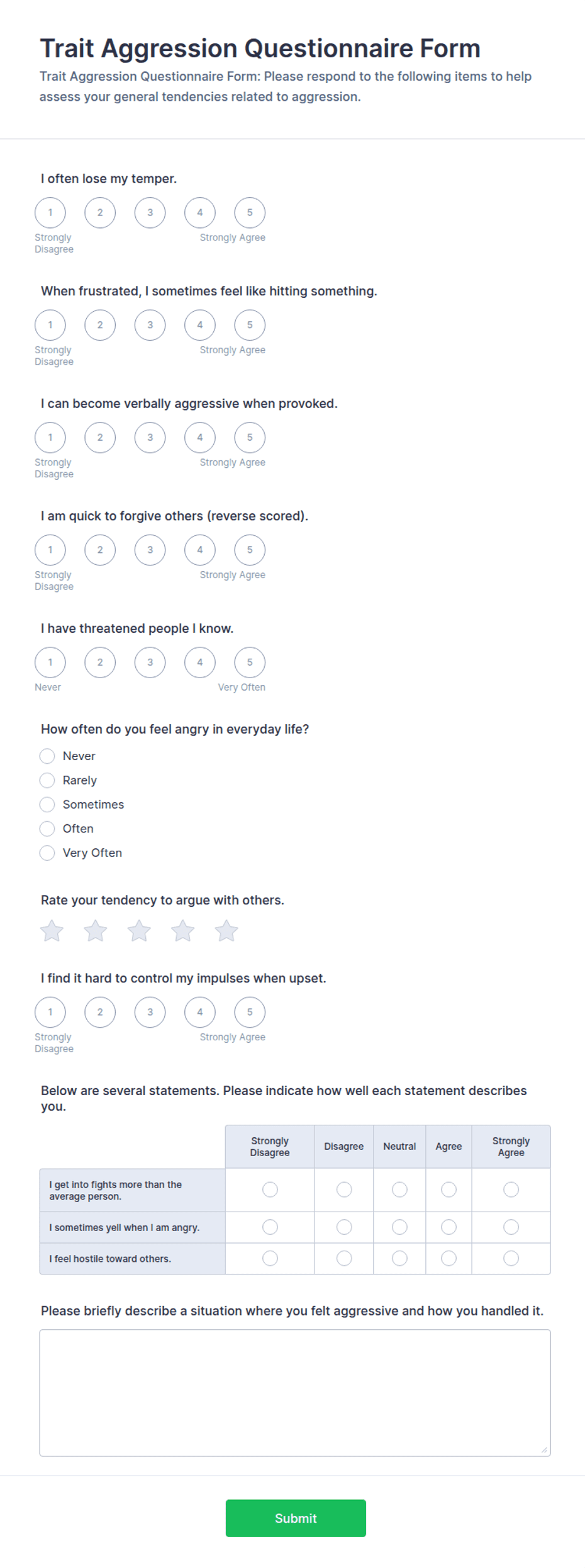 Trait Aggression Questionnaire Form Template | Jotform