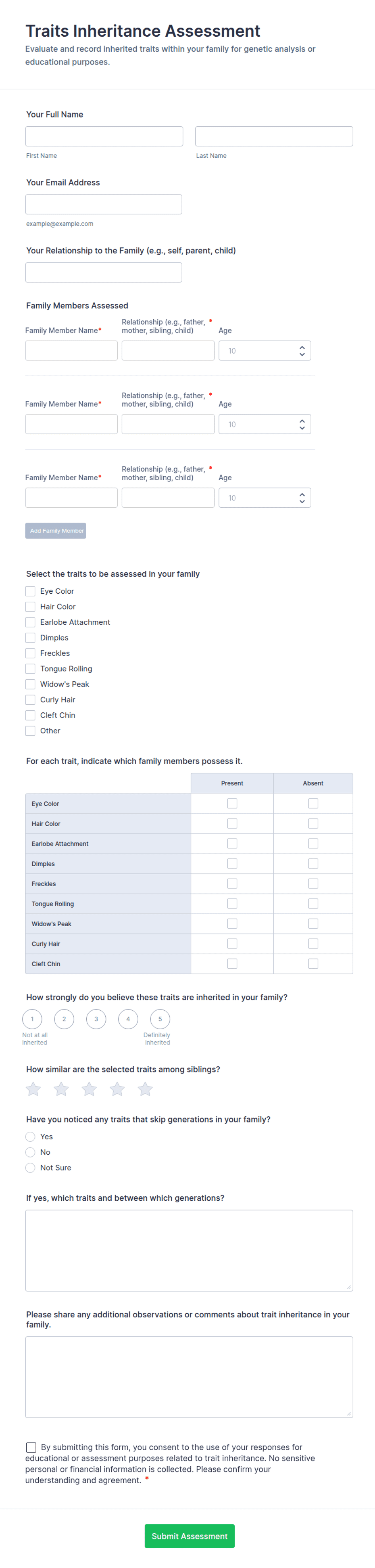 Traits Inheritance Assessment Form Template | Jotform