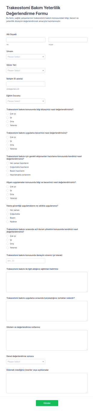 Trakeostomi Bakım Yetkinlik Değerlendirme Form Şablonu