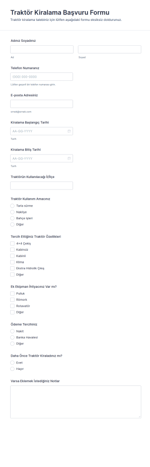 Traktör Kiralama Başvuru Form Şablonu