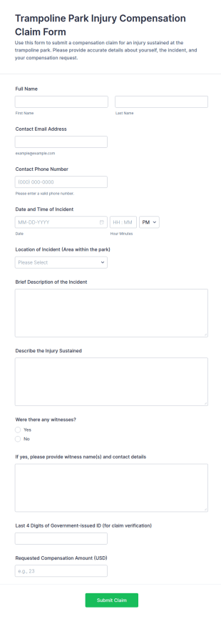 Trampoline Park Injury Compensation Claim Form Template
