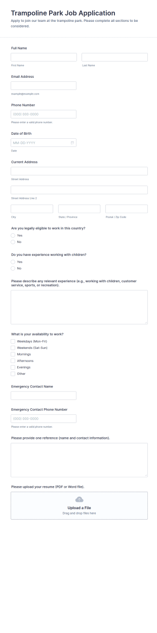 Trampoline Park Job Application Form Template