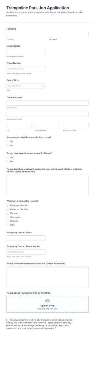 Trampoline Park Job Application Form Template