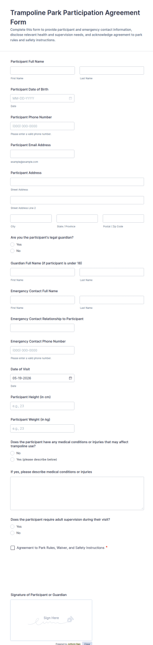 Trampoline Park Participation Agreement Form Template