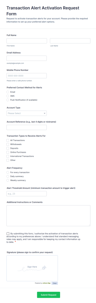 Transaction Alert Activation Request Form Template