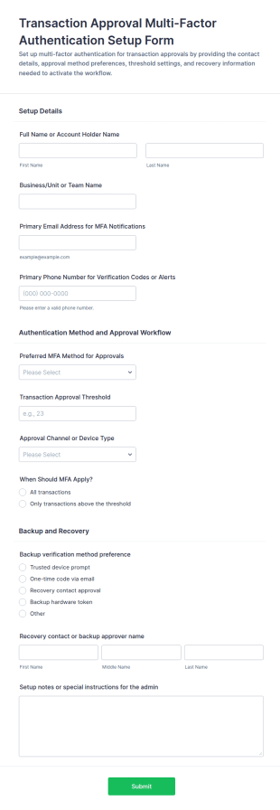 Transaction Approval Multi Factor Authentication Setup Form Template