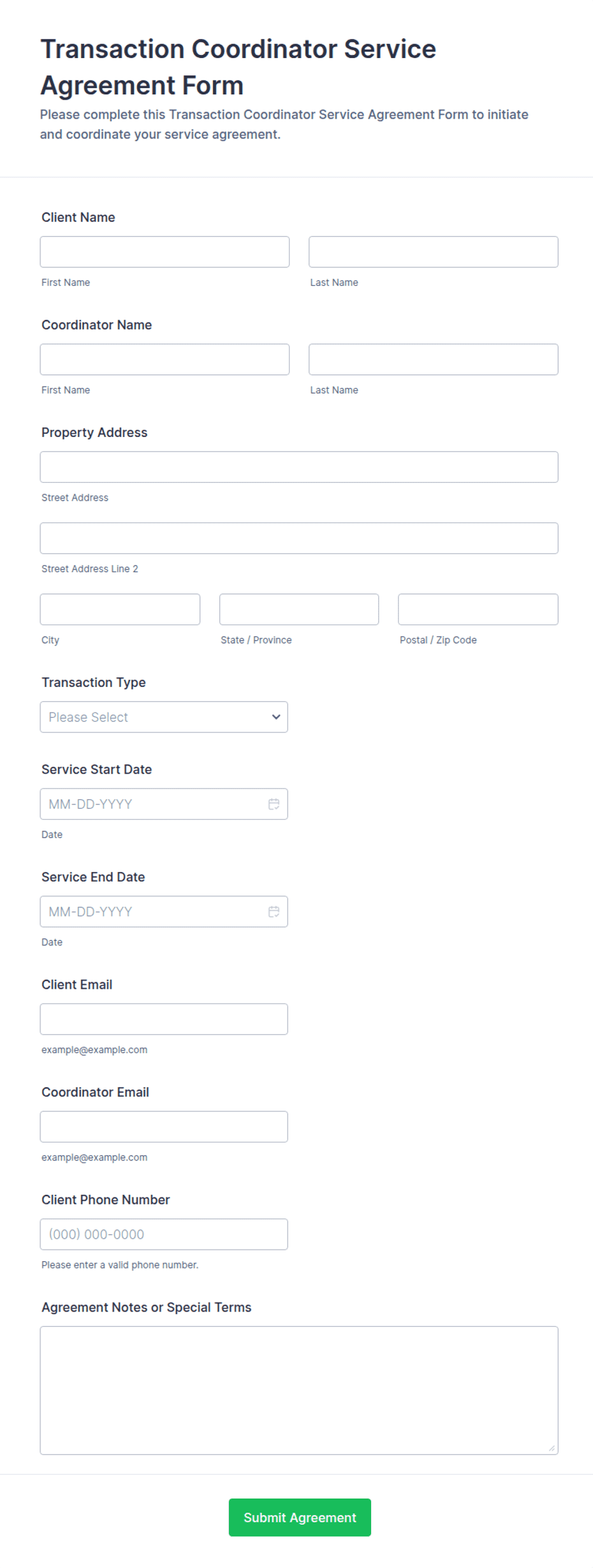 Transaction Coordinator Service Agreement Form Template | Jotform