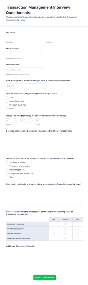 Transaction Management Interview Questionnaire Form Template