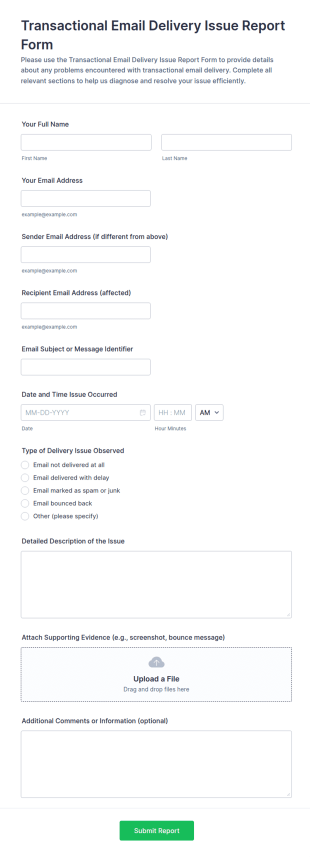 Transactional Email Delivery Issue Report Form Template
