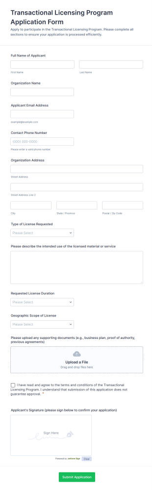 Transactional Licensing Program Application Form Template