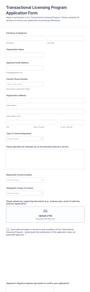 Transactional Licensing Program Application Form Template