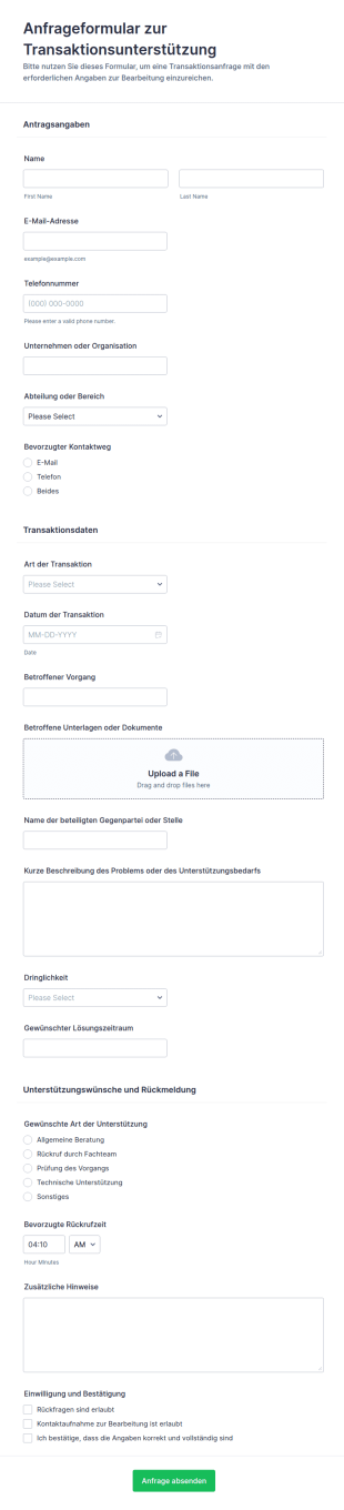 Transaktionshilfe Anfrage Formular