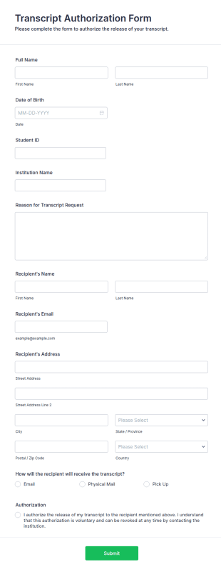 Transcript Authorization Form Template