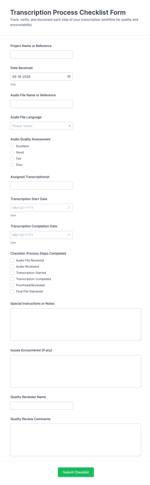 Transcription Process Checklist Form Template
