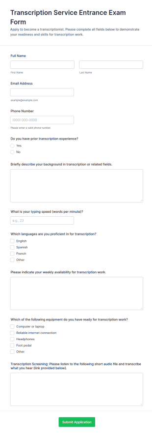 Transcription Service Entrance Exam Form Template