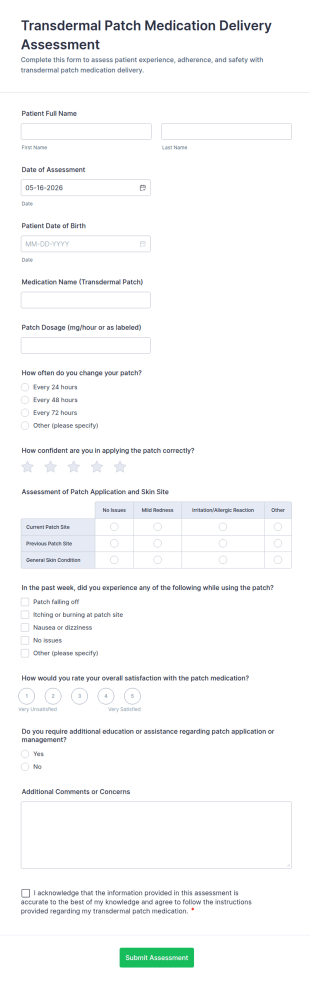 Transdermal Patch Medication Delivery Assessment Form Template
