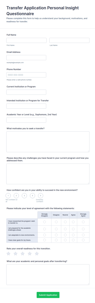 Transfer Application Personal Insight Questionnaire Form Template