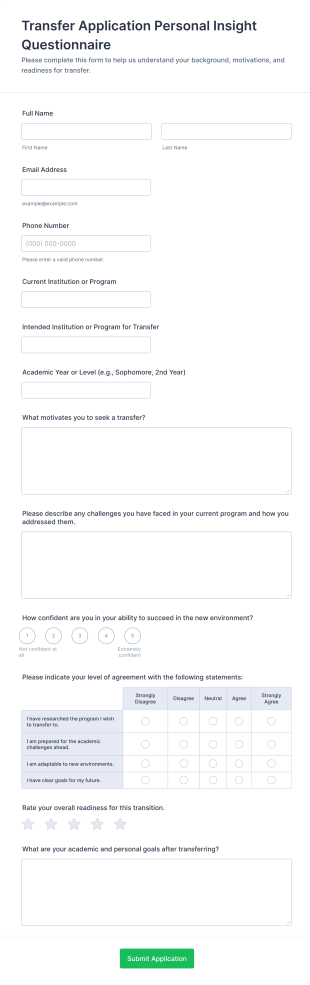 Transfer Application Personal Insight Questionnaire Form Template