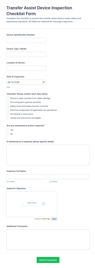 Transfer Assist Device Inspection Checklist Form Template