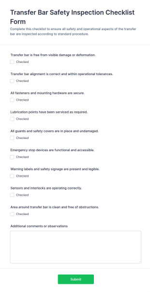 Transfer Bar Safety Inspection Checklist Form Template