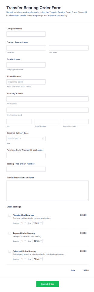 Transfer Bearing Order Form Template