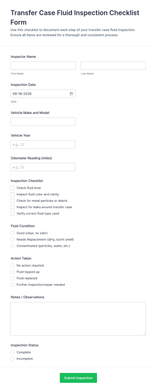 Transfer Case Fluid Inspection Checklist Form Template