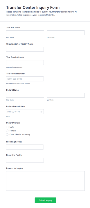 Transfer Center Inquiry Form Template