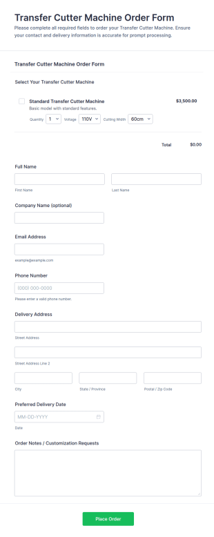 Transfer Cutter Machine Order Form Template
