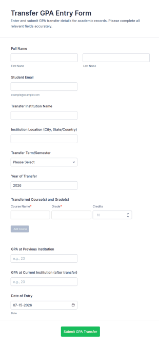 Transfer GPA Entry Form Template