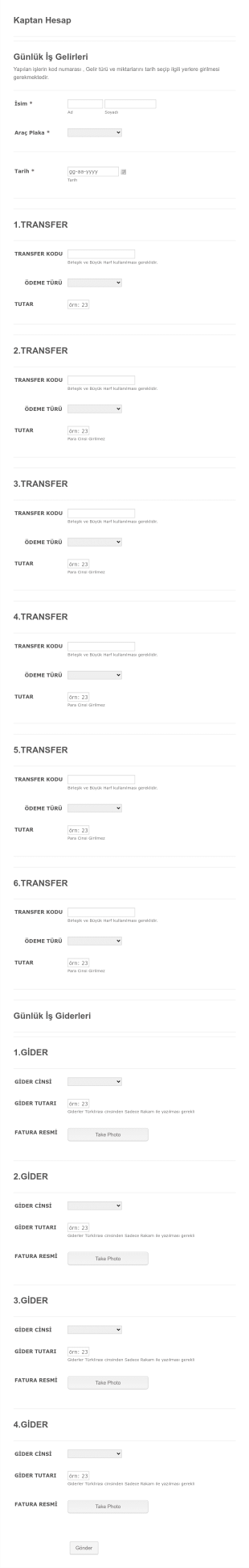 Transfer Hizmeti Günlük Gelir Gider Raporu Form Şablonu