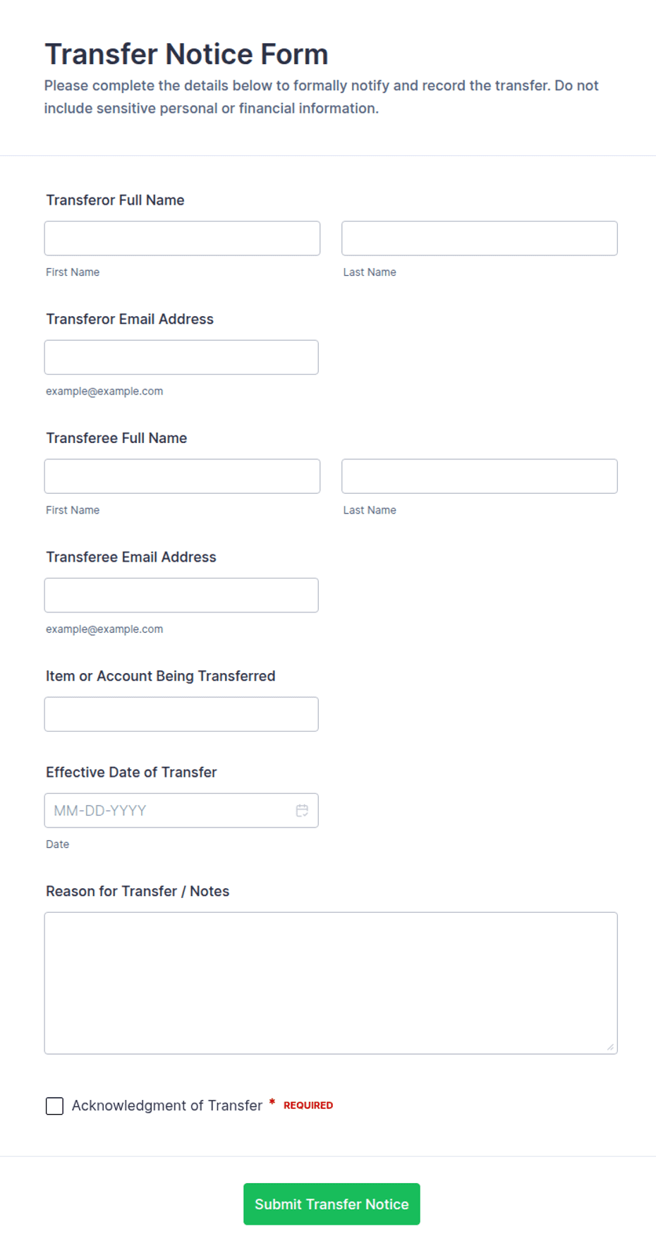 Transfer Notice Form Template | Jotform