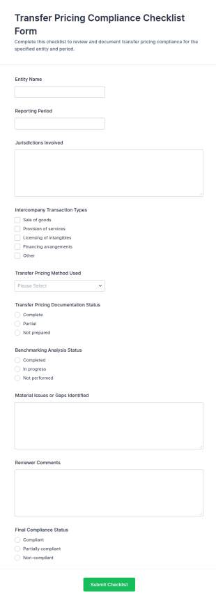 Transfer Pricing Compliance Checklist Form Template