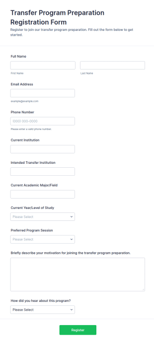 Transfer Program Preparation Registration Form Template