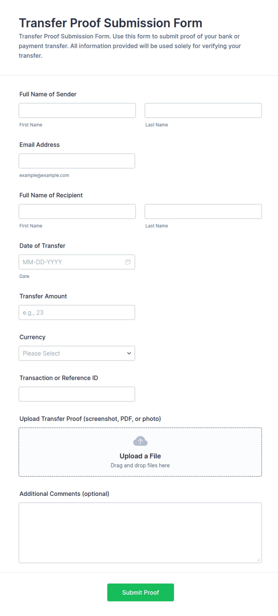 Transfer Proof Submission Form Template | Jotform