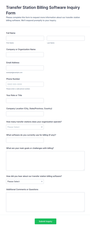Transfer Station Billing Software Inquiry Form Template