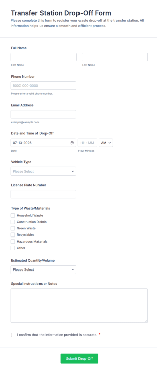 Transfer Station Drop Off Form Template