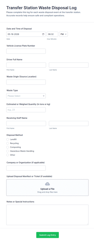 Transfer Station Waste Disposal Log Form Template