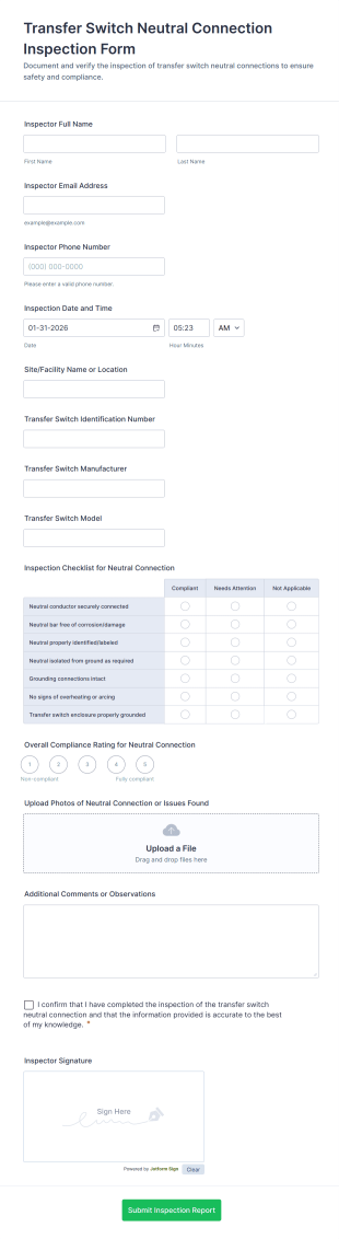 Transfer Switch Neutral Connection Inspection Form Template