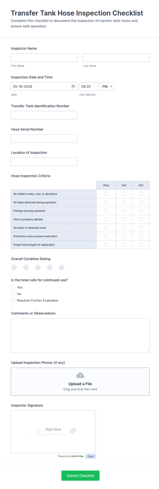 Transfer Tank Hose Inspection Checklist Form Template