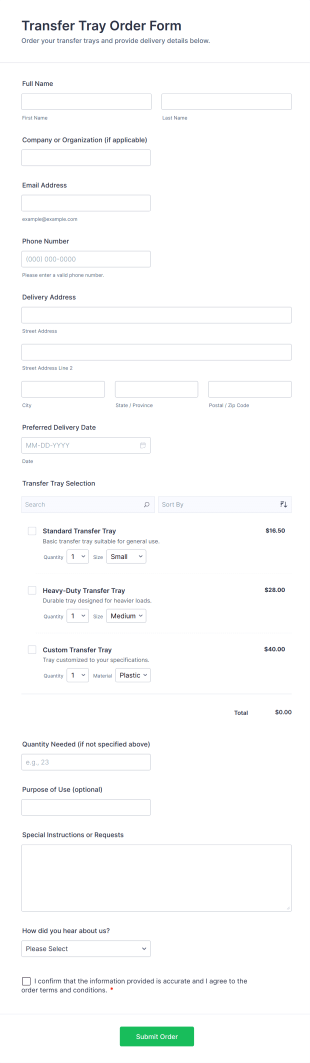 Transfer Tray Order Form Template