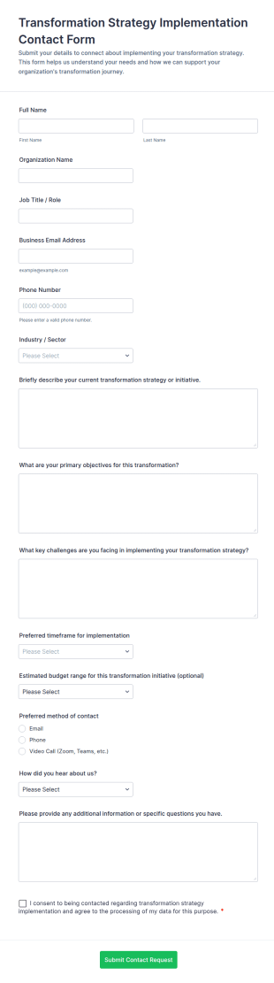 Transformation Strategy Implementation Contact Form Template