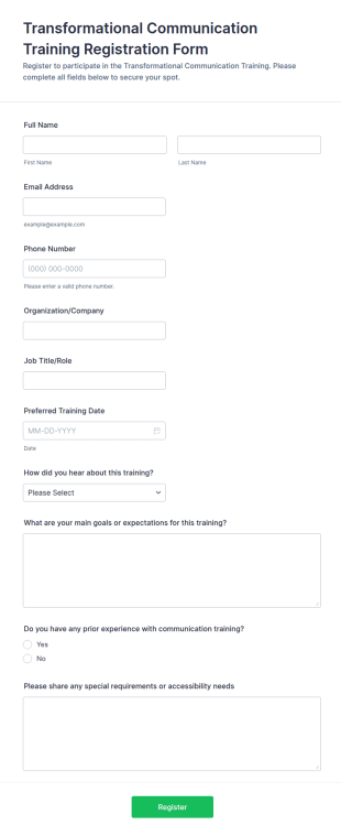 Transformational Communication Training Registration Form Template