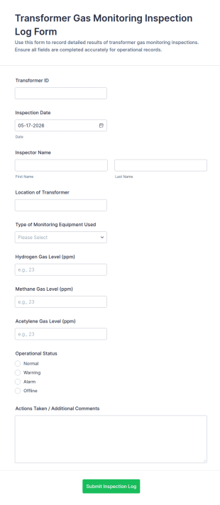 Transformer Gas Monitoring Inspection Log Form Template