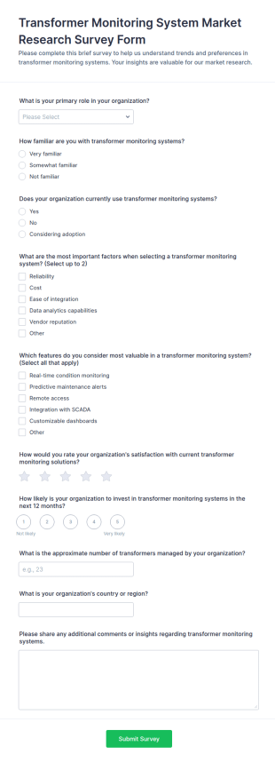 Transformer Monitoring System Market Research Survey Form Template