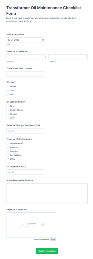 Transformer Oil Maintenance Checklist Form Template