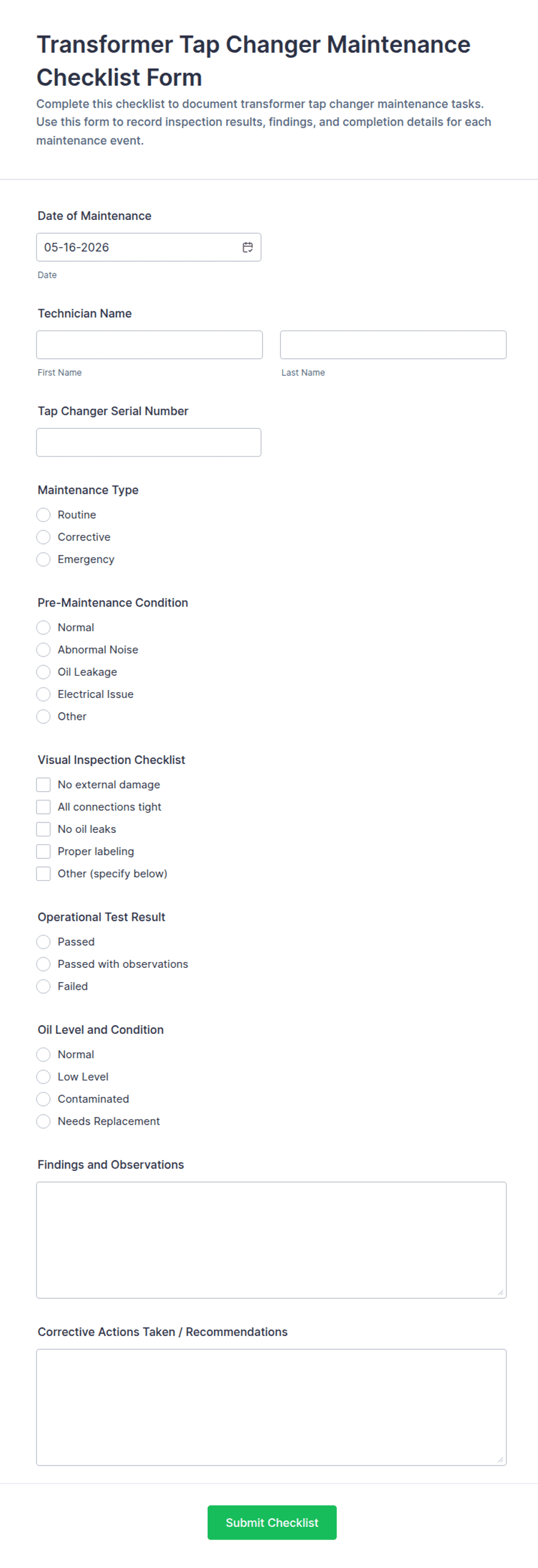 Transformer Tap Changer Maintenance Checklist Form Template | Jotform