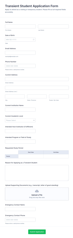 Transient Student Application Form Template